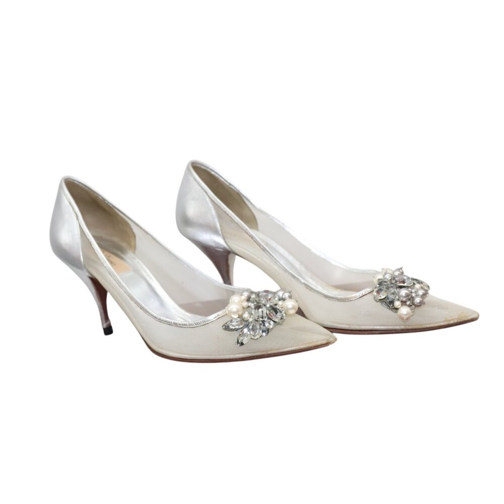 Valentino Garavani Silver and White Embellished Pointed-Toe Heels